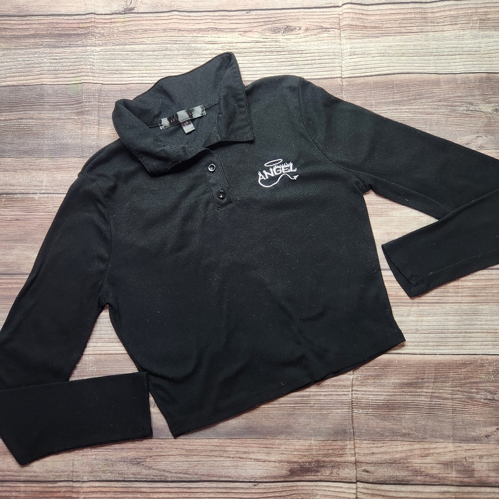Faded Rose Angel Y2K Black Long Sleeve Crop Polo Shirt